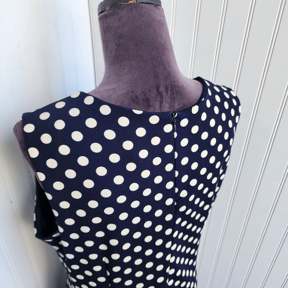 ILE NEW YORK Navy Blue Fit Flare A-Line Dress White Polka Dot Textured Stretc 10 - Picture 10 of 16